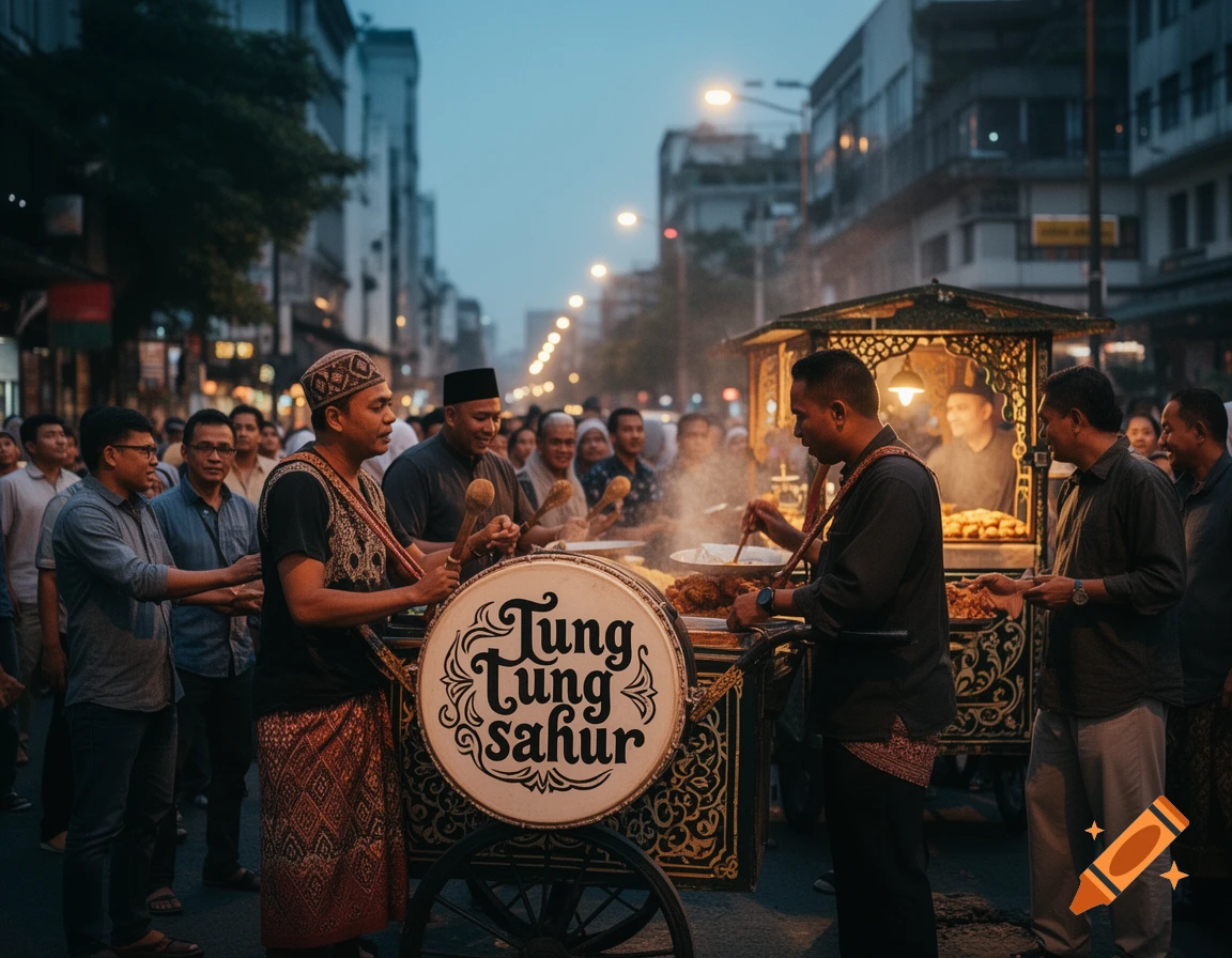 A lively street scene at dusk with people gathered around a food cart and a man playing a large drum labeled "Tung Tung sahur".