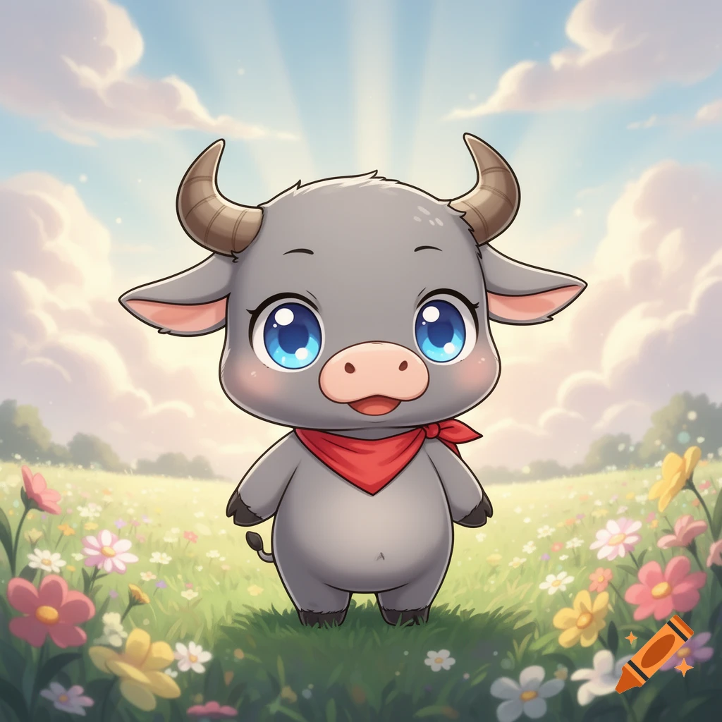 A cute chibi water buffalo with a red bandana stands in a field of colorful flowers under a sunny sky.