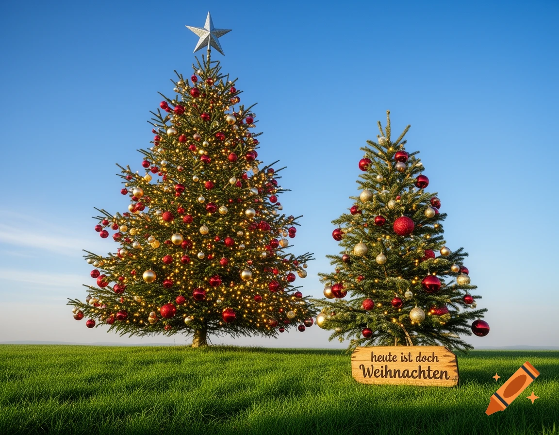 Two decorated Christmas trees on a green field under a blue sky, with a sign reading 'heute ist doch Weihnachten'. Photorealistic.