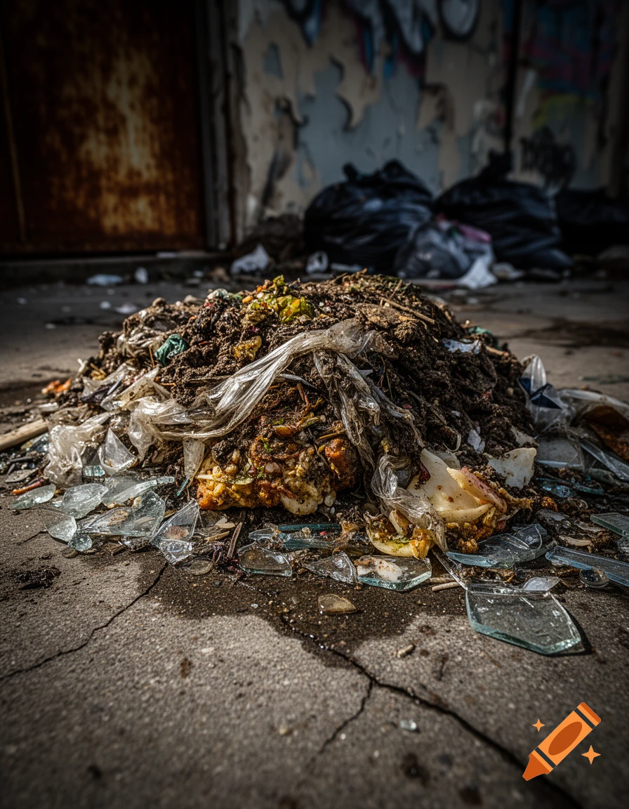 A large pile of rotting garbage and dirt mixed with plastic and broken glass on cracked concrete, with a rusty door and graffiti wall in the background.