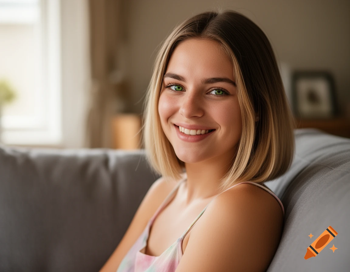 A pretty young woman with shoulder-length blonde hair and green eyes smiles at the camera while sitting on a sofa.