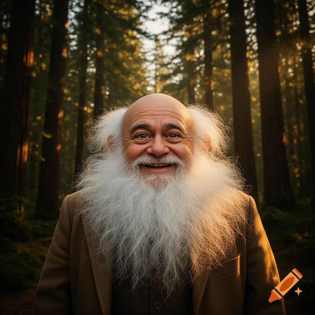 A smiling bald man with a long white beard and bushy white side hair, wearing a brown jacket, stands in a sunlit forest.