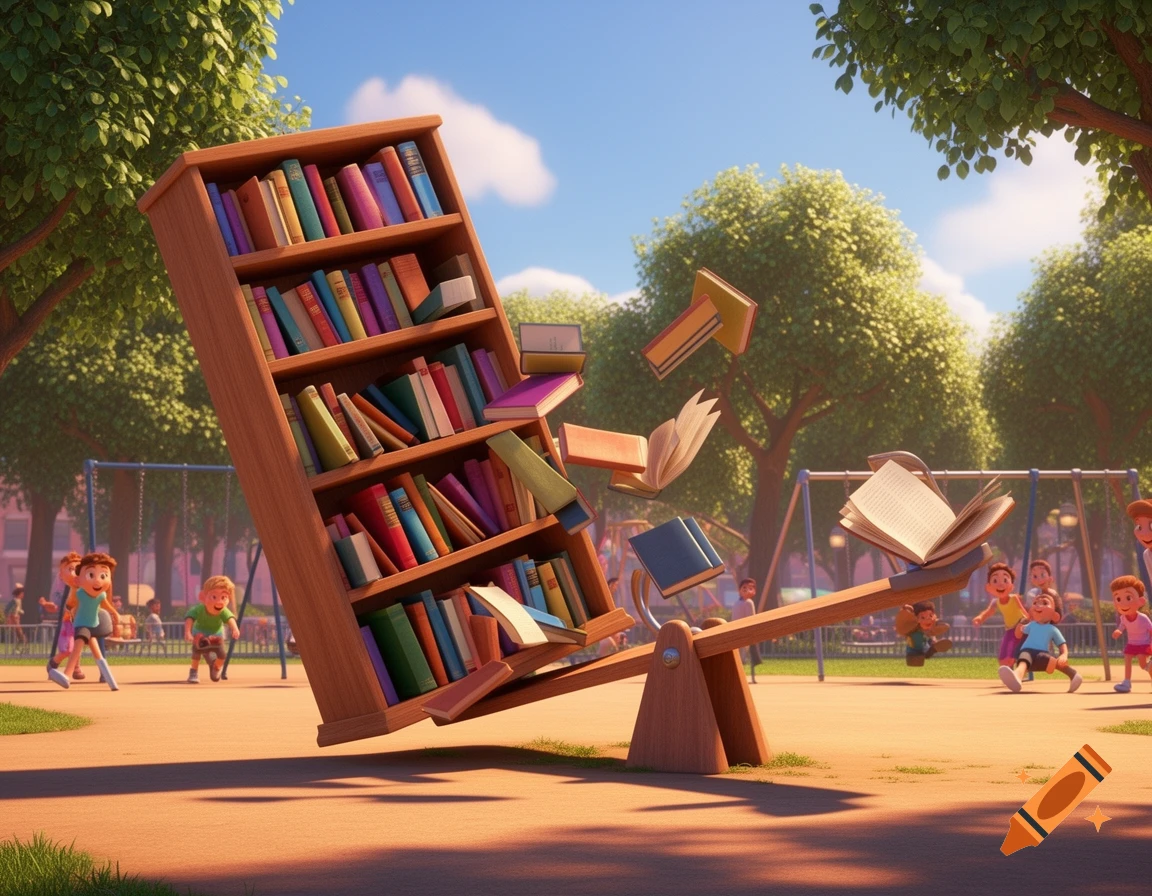 A large wooden bookshelf filled with books teeters on one end of a seesaw in a sunny park with children playing in Pixar animation style.