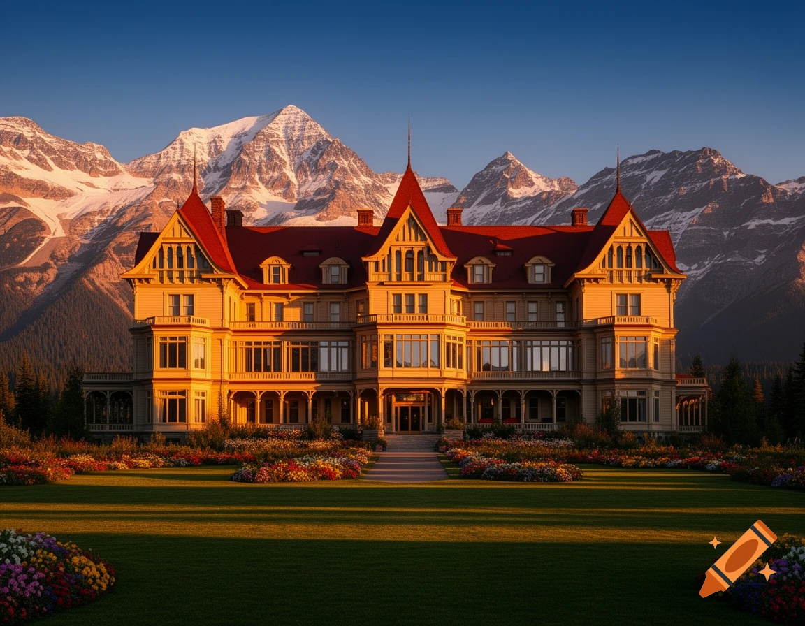 A grand, chateau-style hotel with a red roof, bathed in golden sunlight, stands before snow-capped mountains, with green lawns and flower beds.