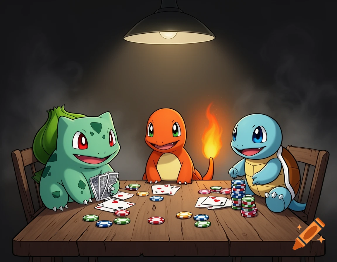 Bulbasaur, Charmander, and Squirtle are playing poker at a rustic wooden table under a single hanging lamp, casting dramatic light.