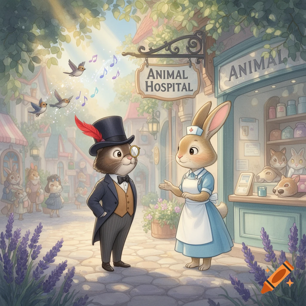 A dandy cat in a top hat talks to a rabbit nurse outside an 'Animal Hospital' in a whimsical village, children's illustration.