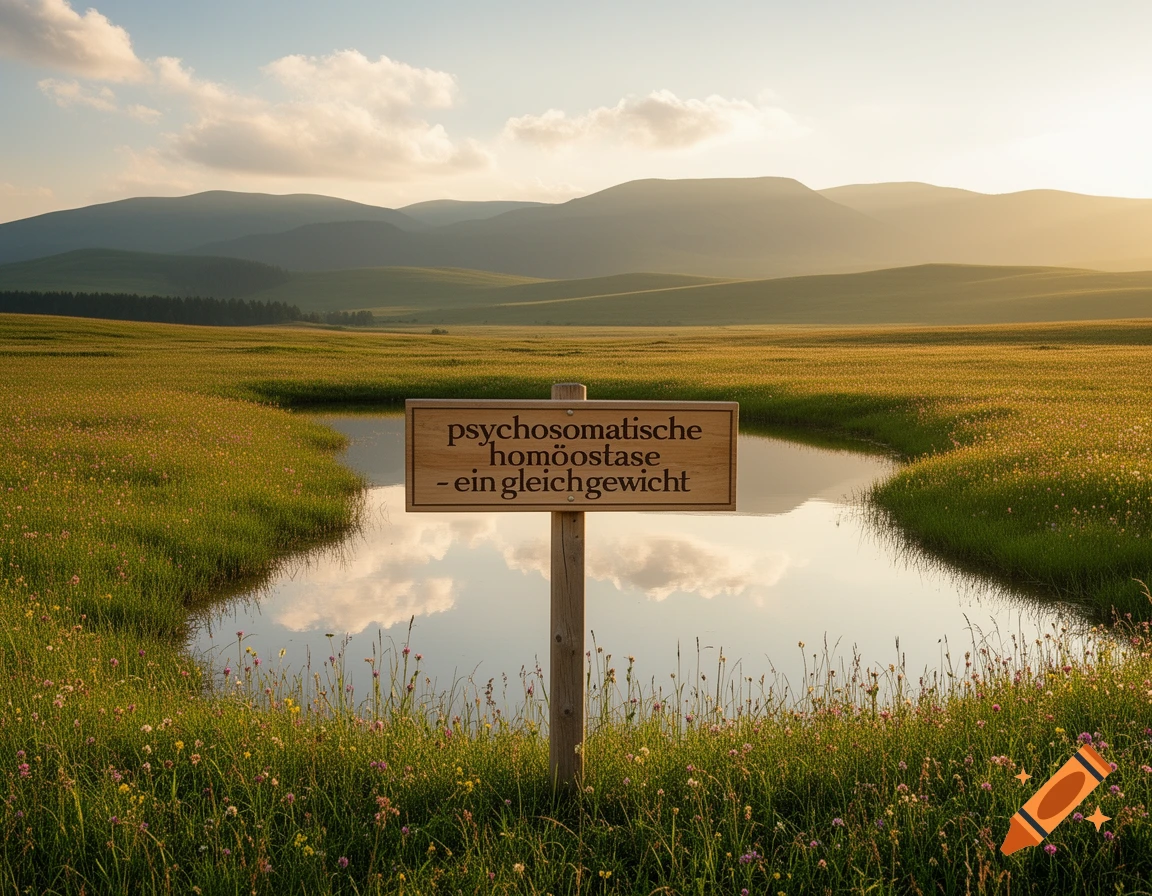 Wooden sign reading 'psychosomatische homöostase - ein gleichgewicht' in a sunlit grassy field with a pond and distant hills.