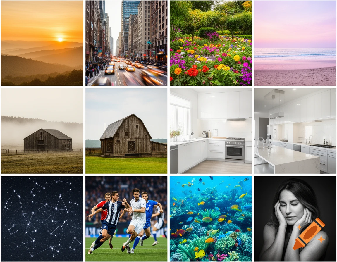 A grid of twelve diverse photorealistic images including a sunset over mountains, a city street, a flower garden, a beach, barns, kitchens, constellations, soccer players, an underwater scene, and a pensive woman.