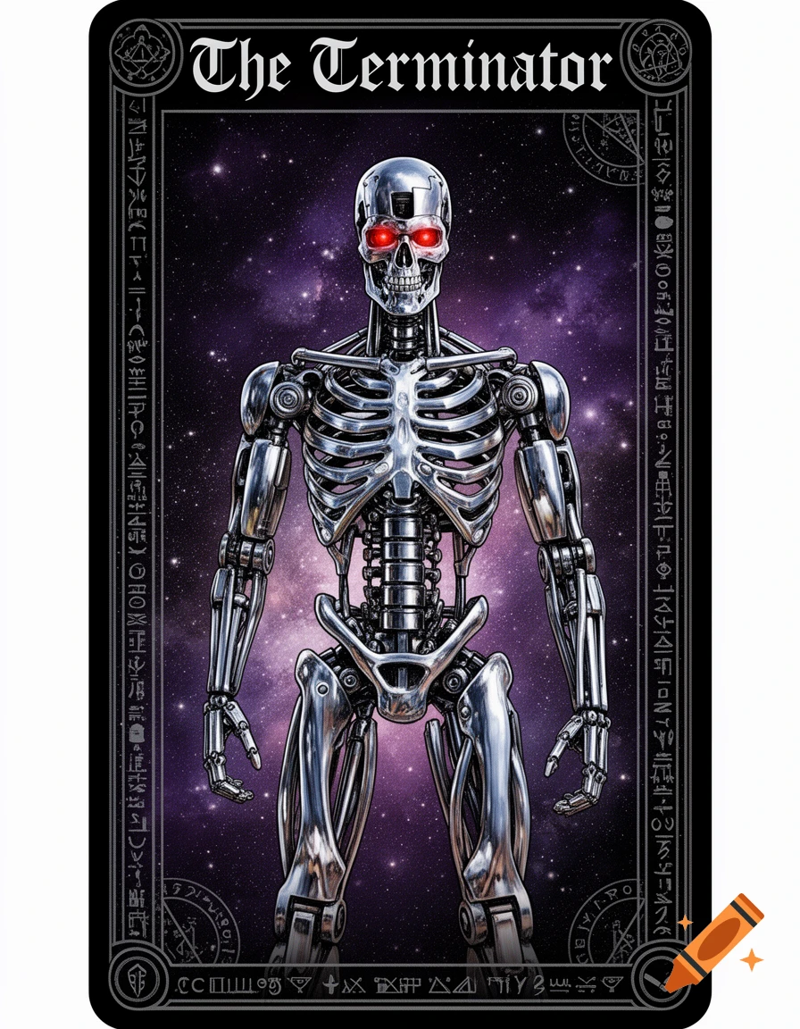 A tarot card depicting a metallic robot skeleton with glowing red eyes against a starry purple galaxy background, framed by decorative borders.