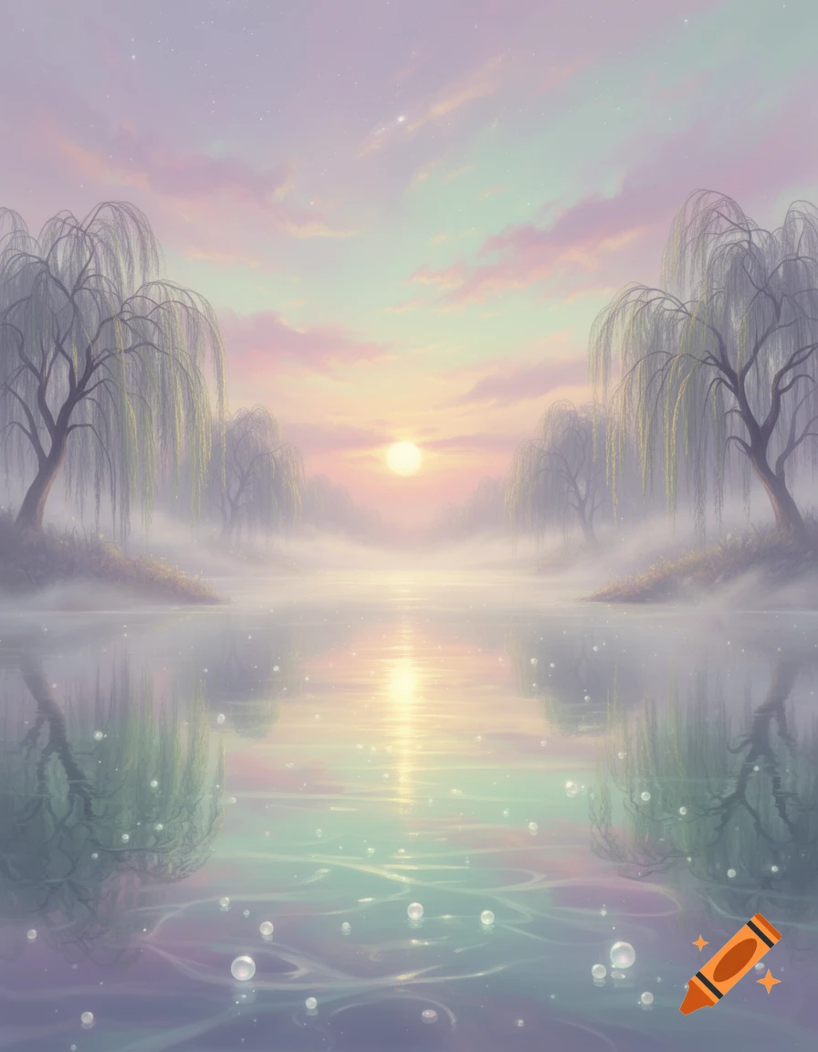 Dreamy pastel landscape with a misty lake reflecting a soft sunset, surrounded by willow trees, with bubbles on the water.