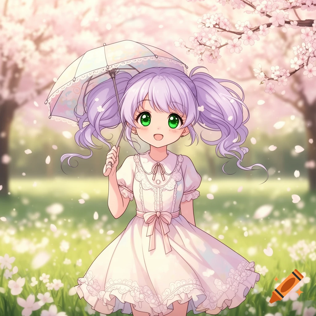 A cute anime girl with purple pigtails and green eyes, wearing a white dress and holding an umbrella, stands in a field of cherry blossoms.