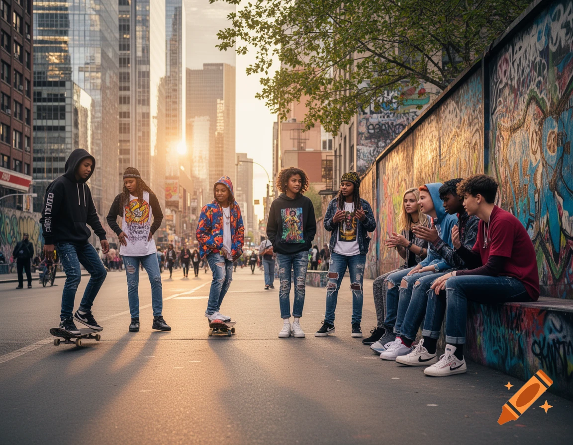 A group of stylish teens in ripped jeans and hoodies hangs out on a city street with graffiti walls and tall buildings at sunset. Some are on skateboards, others sit on a ledge.