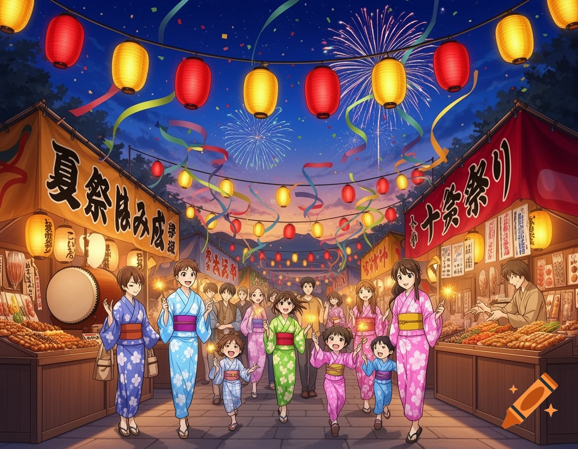 An anime-style illustration of families enjoying a summer festival with lanterns, fireworks, and food stalls at dusk.