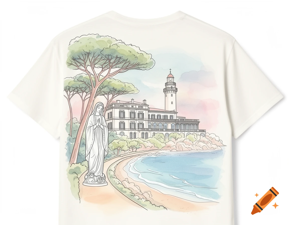 Outline illustration with soft watercolor fills, depicting a Virgin Mary statue, a large villa, a lighthouse, pine trees, and a coastal beach path on a white t-shirt.