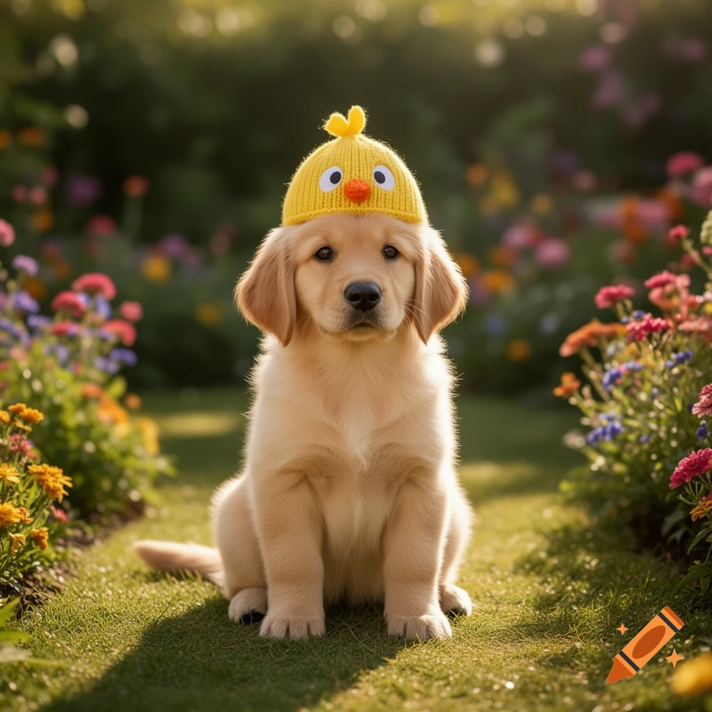 A cute golden retriever puppy wearing a yellow chick hat sits on a grassy path in a sunny flower garden, looking at the viewer.