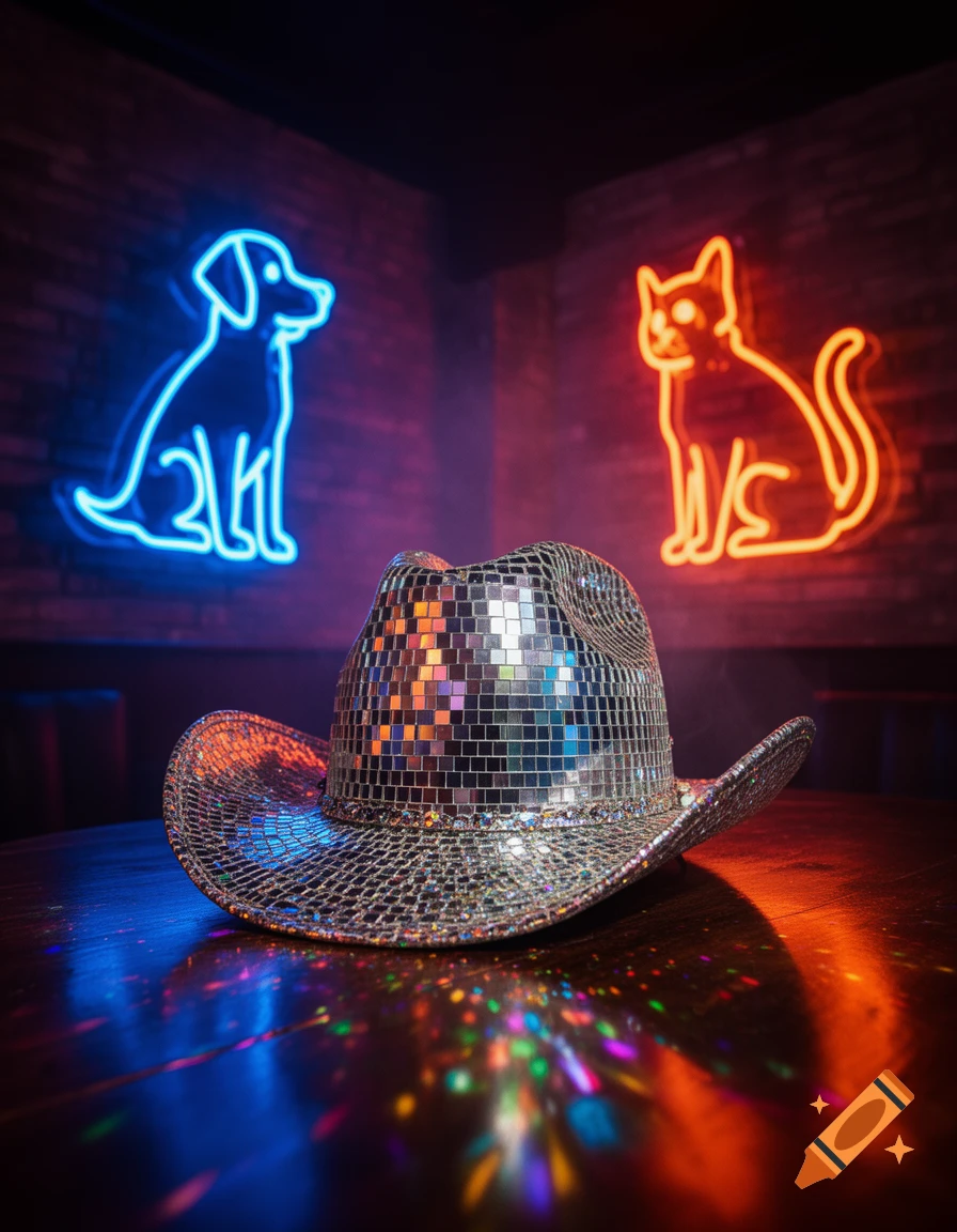 A silver disco ball cowboy hat on a wooden table, reflecting colorful lights, with blue neon dog and orange neon cat signs on a dark brick wall.