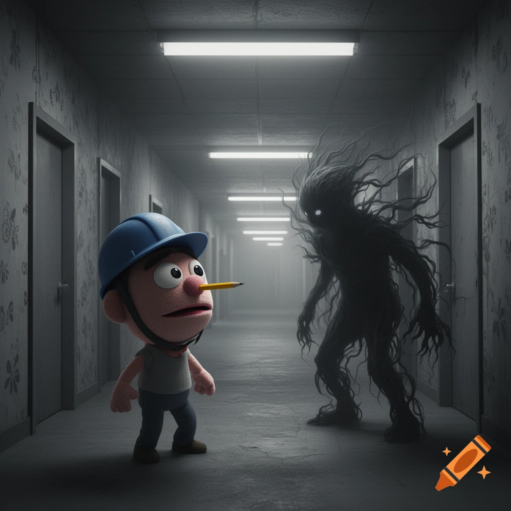 A cartoon character wearing a blue hard hat and a pencil in his nose looks fearfully at a shadowy, tentacled monster with glowing eyes in a dark, ominous hallway.