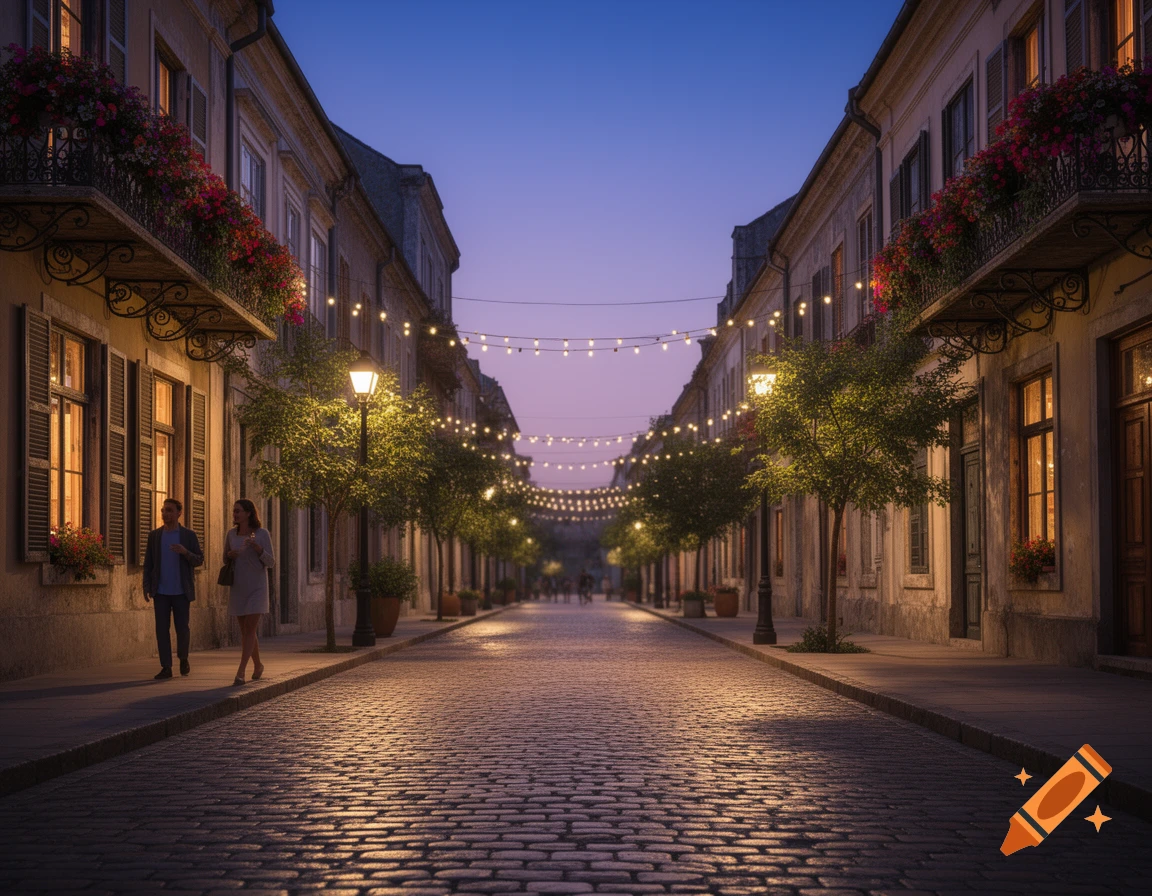 Photorealistic view of a charming cobblestone street at dusk, lined with buildings adorned with flowers and string lights, a couple walks.