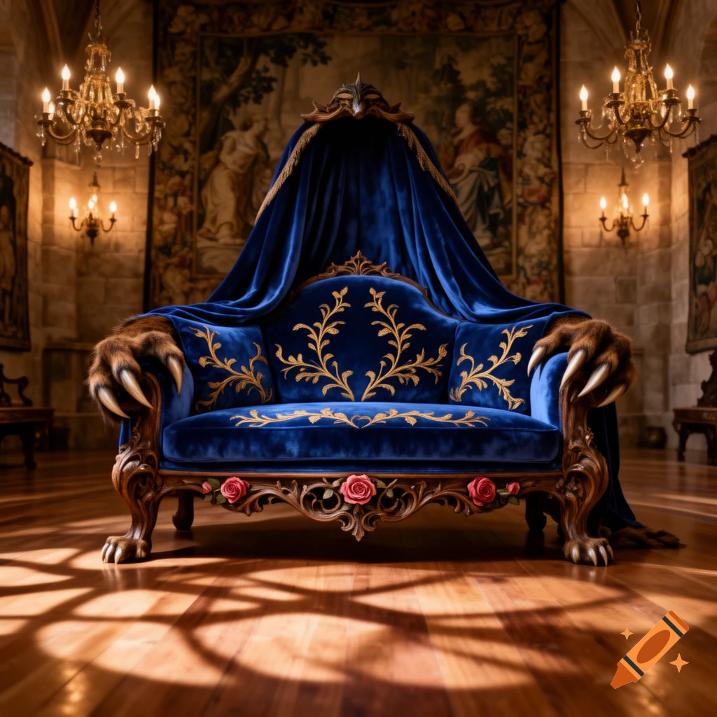 A grand blue velvet sofa with golden embroidery, red roses, and fur-covered arms with claws, set in a regal castle hall.