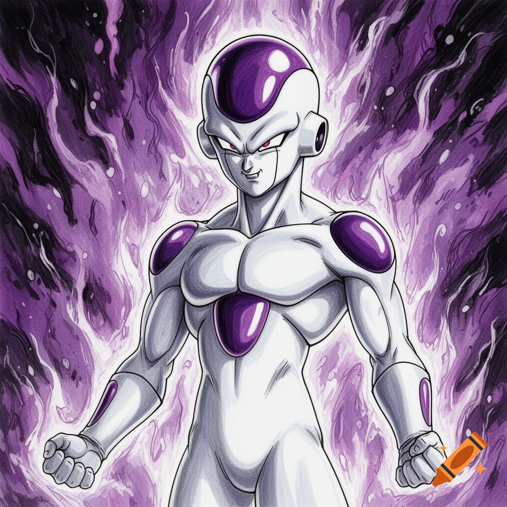 Hand-drawn illustration of Frieza from Dragon Ball, a white and purple alien, surrounded by a powerful purple aura.