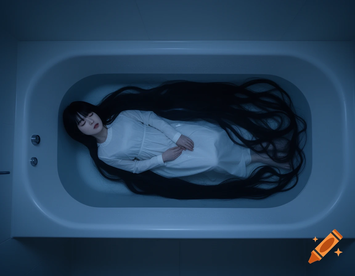 Top-down view of a woman with extremely long black hair and a white dress floating in a bathtub, eyes closed, in a moody blue filter.