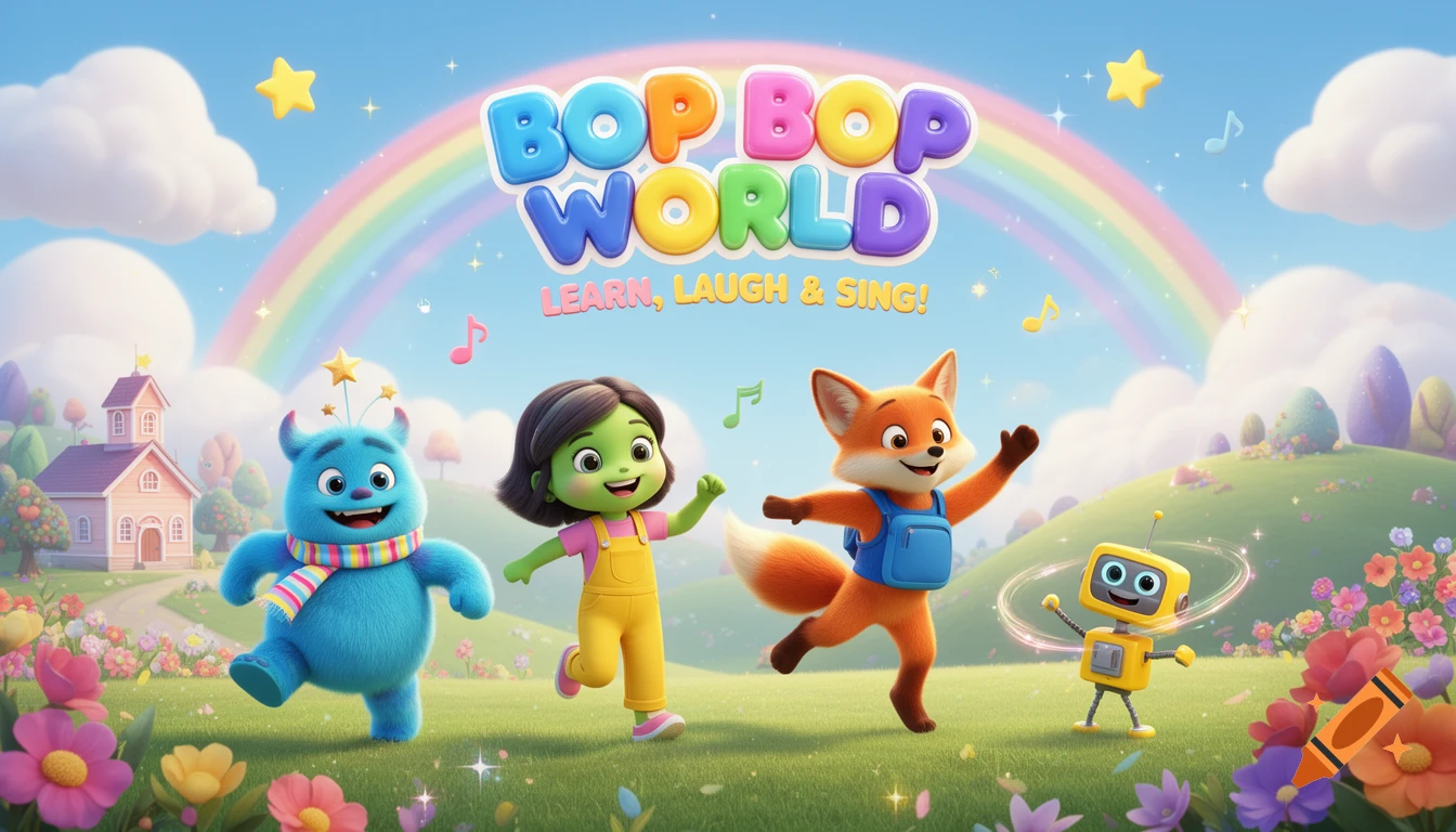 A vibrant 3D cartoon banner for 'BOP BOP WORLD' showing a blue monster, green girl, orange fox, and yellow robot playing in a magical landscape with a rainbow, schoolhouse, and flowers.