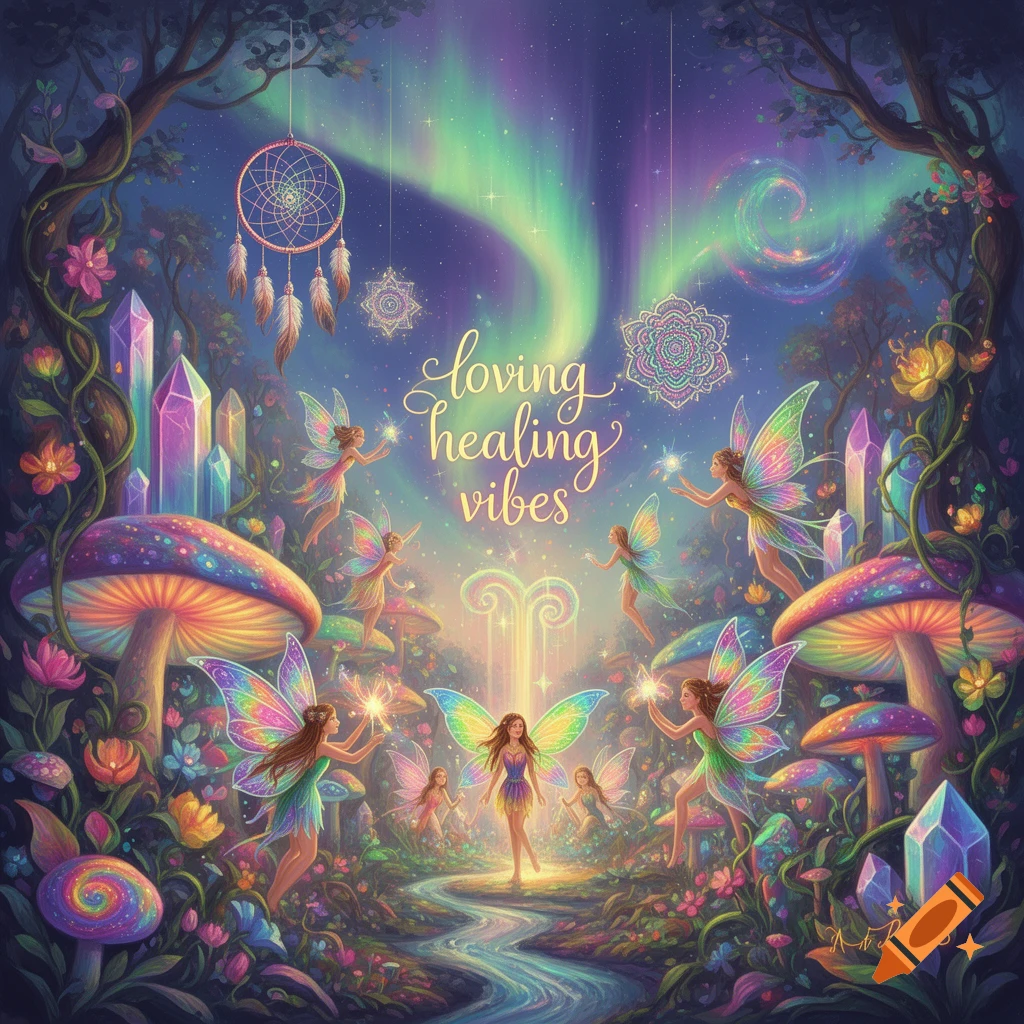 Vibrant fantasy scene with fairies, glowing mushrooms, crystals, and a stream under an aurora borealis. Text: 'loving healing vibes'.