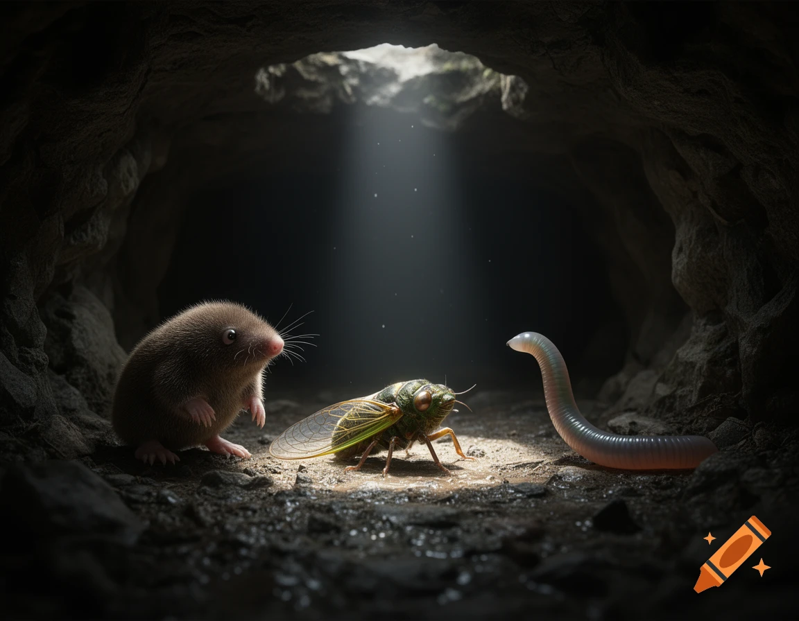 A mole, a cicada, and a worm are illuminated by a beam of light in a dark, photorealistic underground cave.