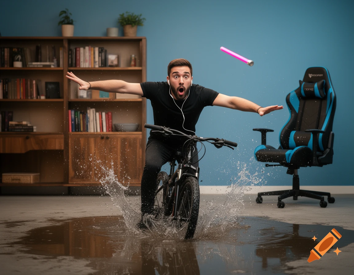 A surprised man on a bicycle splashes through an indoor puddle, arms flailing, a pink baton flying from his hand. Bookshelves and a gaming chair are in the background.