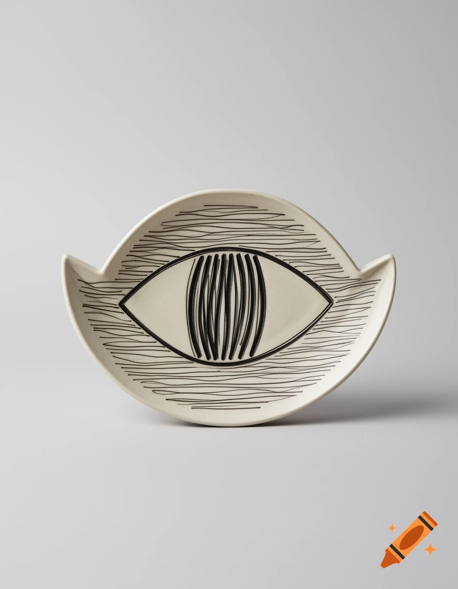 Off-white crescent dish with black sgraffito eye motif and wobbly horizontal lines.