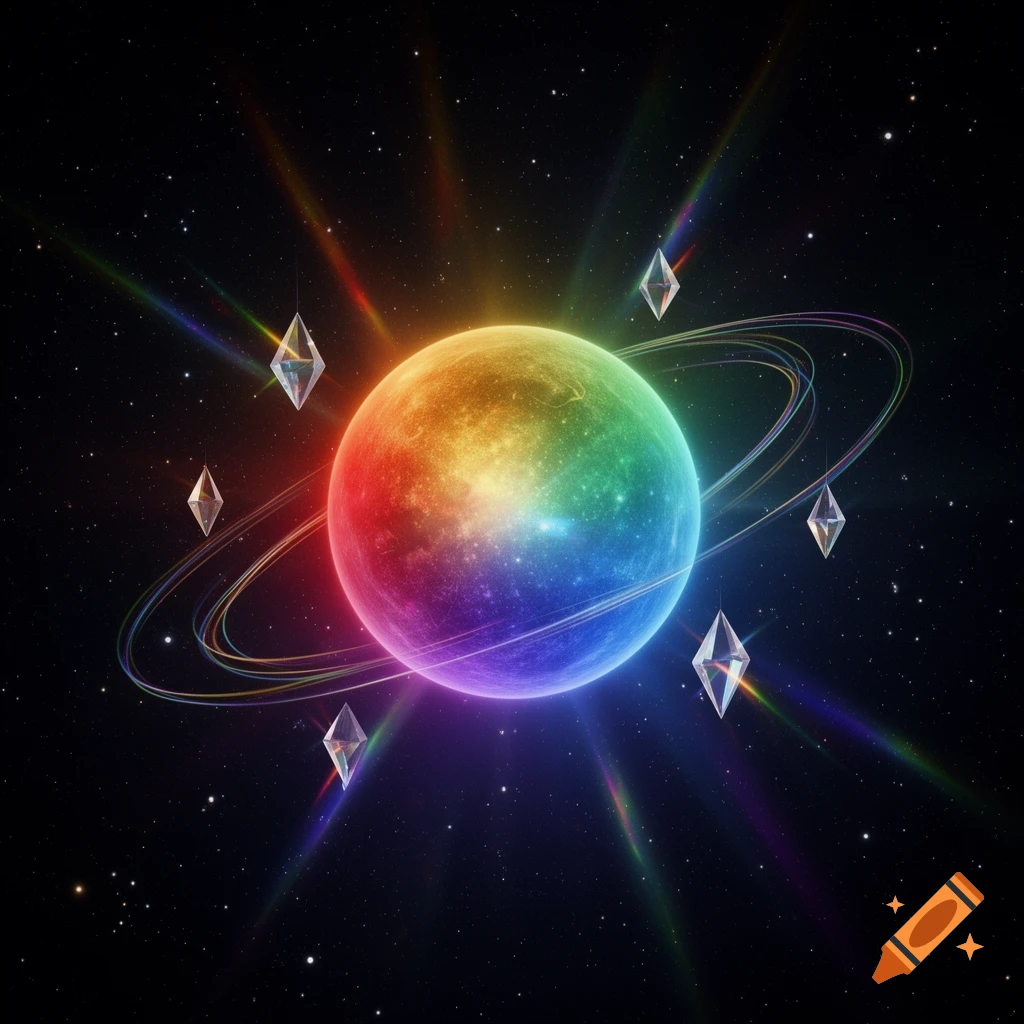 A vibrant rainbow-colored planet with rings, surrounded by glowing prisms and light rays in a starry space.