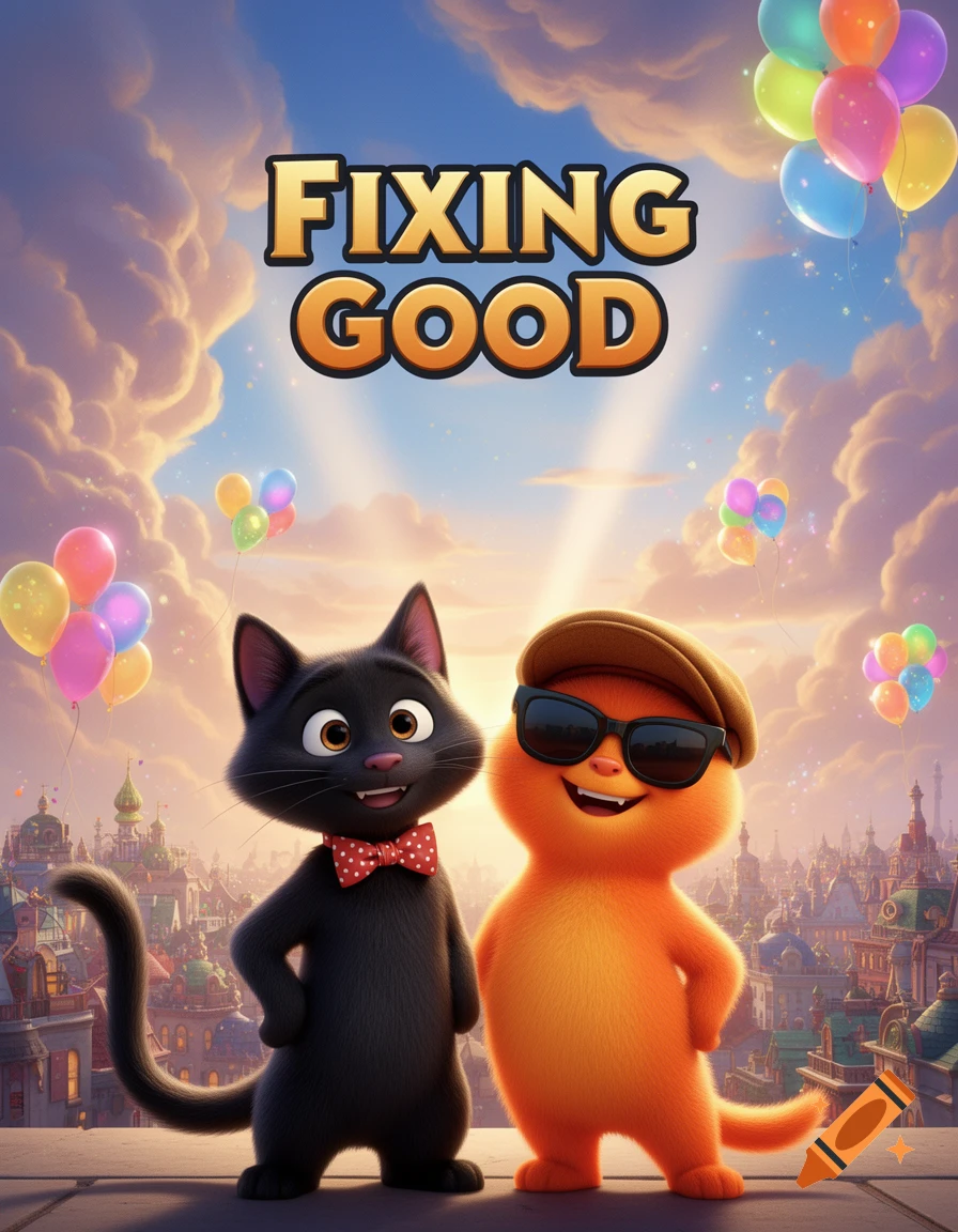 Animated movie cover featuring a black cat and an orange cat on a rooftop overlooking a city, with colorful balloons and text 'FIXING GOOD' in the sky.