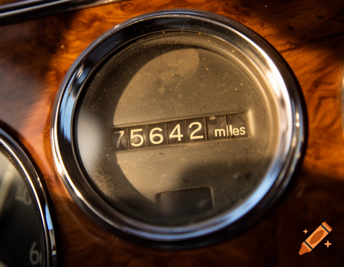 A close-up shot of a dusty car odometer showing '75642 miles' on a wooden dashboard.