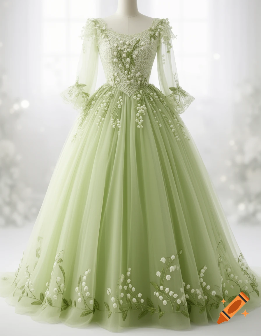 A pale green classical princess dress on a mannequin, adorned with white lily of the valley embroidery and delicate lace details.