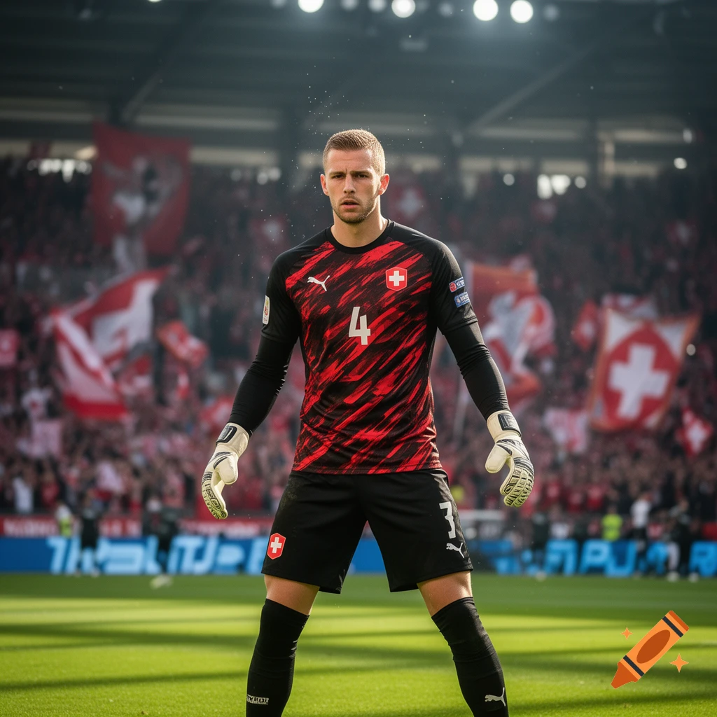 A male soccer goalkeeper in a red and black patterned jersey, black shorts, and white gloves stands on a green field in a stadium.