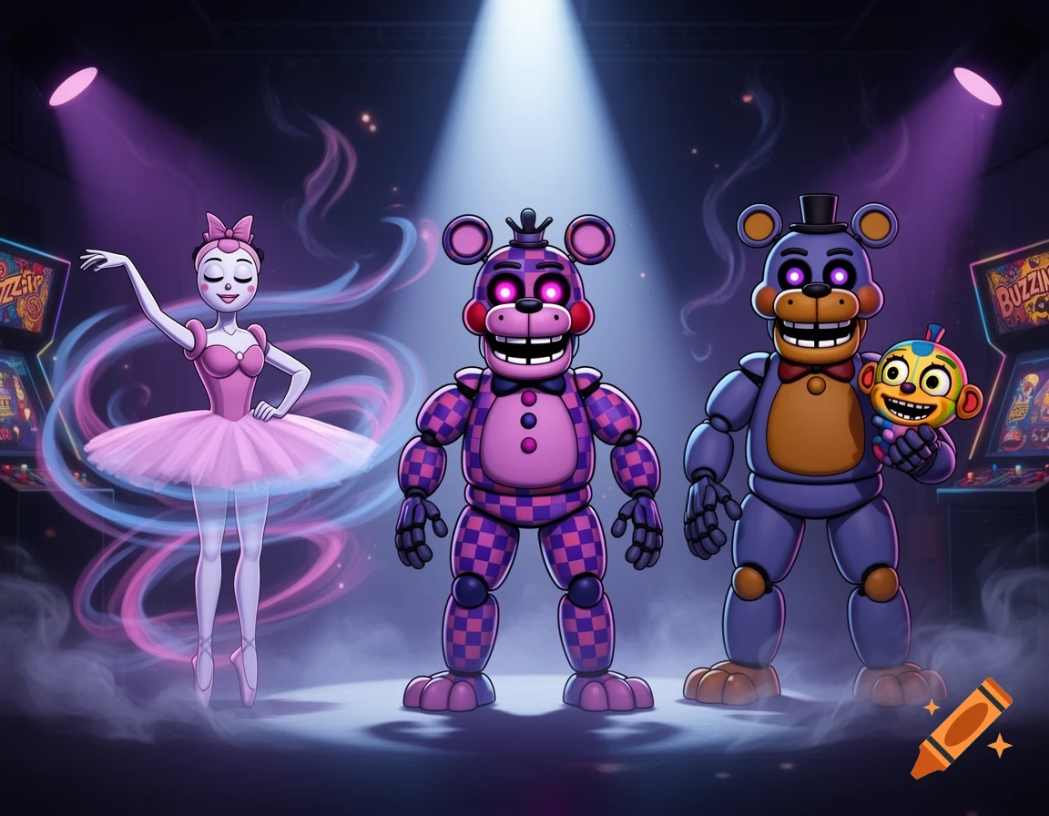 A cartoon ballerina animatronic, a checkered purple bear, and a blue bear holding a puppet stand on a stage with purple spotlights and arcade machines.