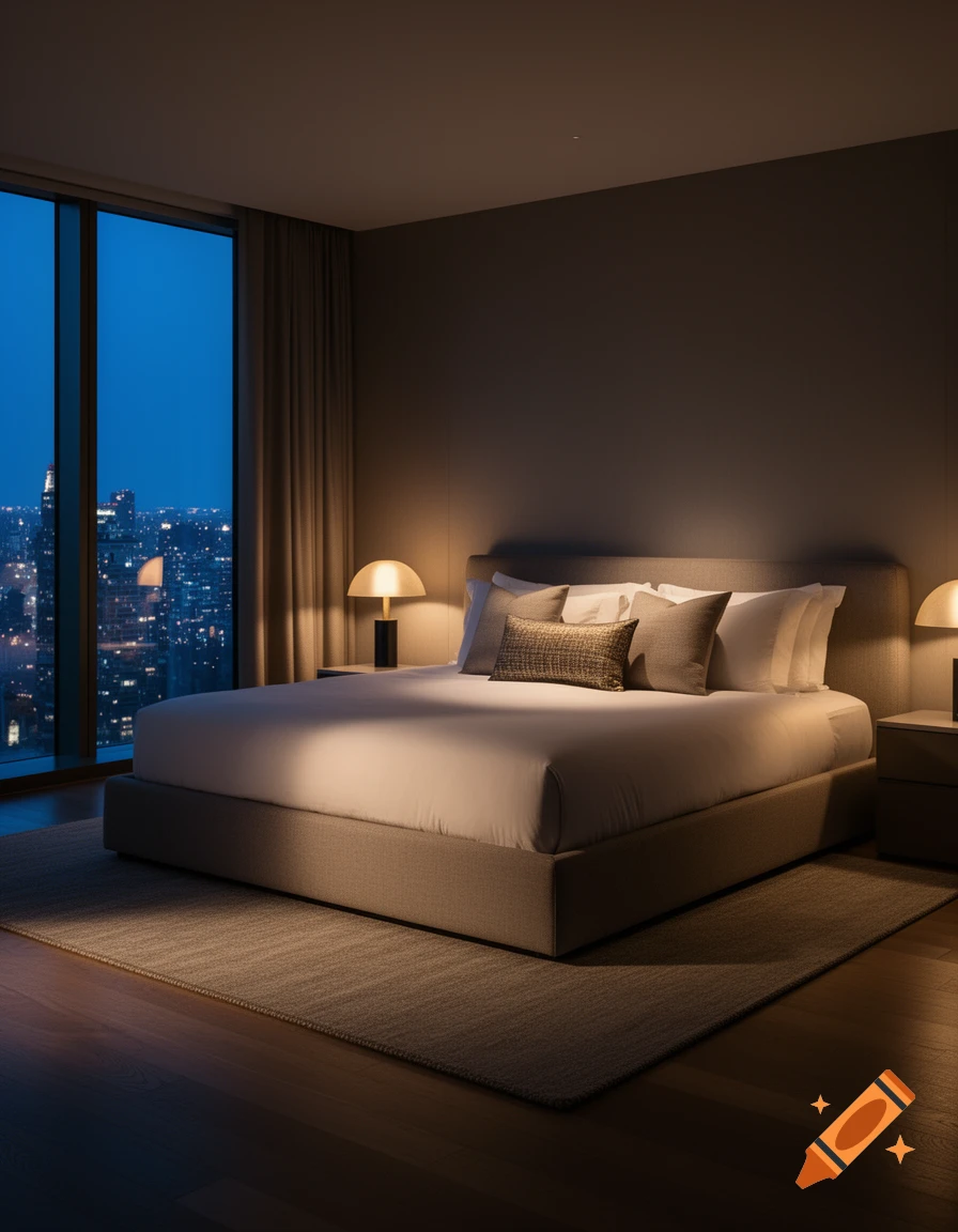 A modern bedroom with a large bed, illuminated by two bedside lamps, overlooking a city skyline at night.