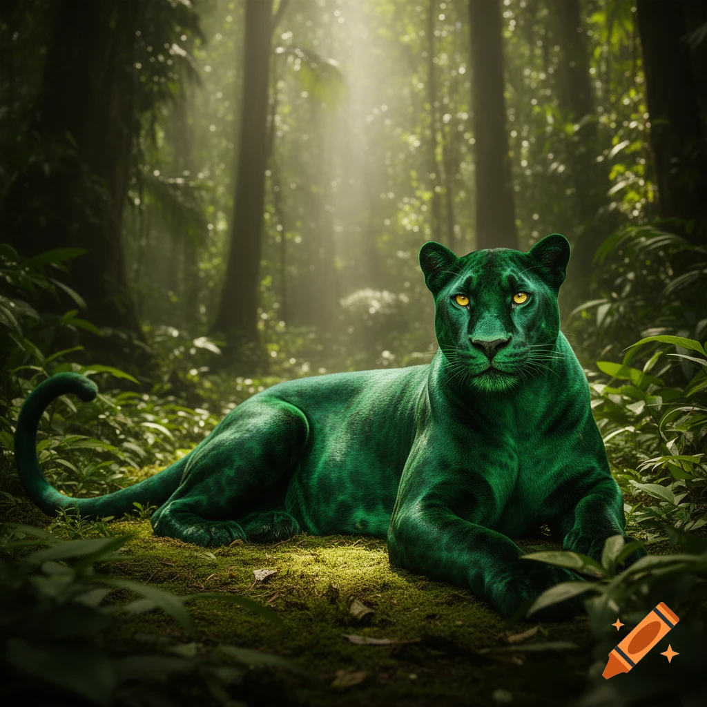 A vivid green panther with glowing yellow eyes lies on mossy ground in a sun-dappled, lush jungle, looking directly forward.