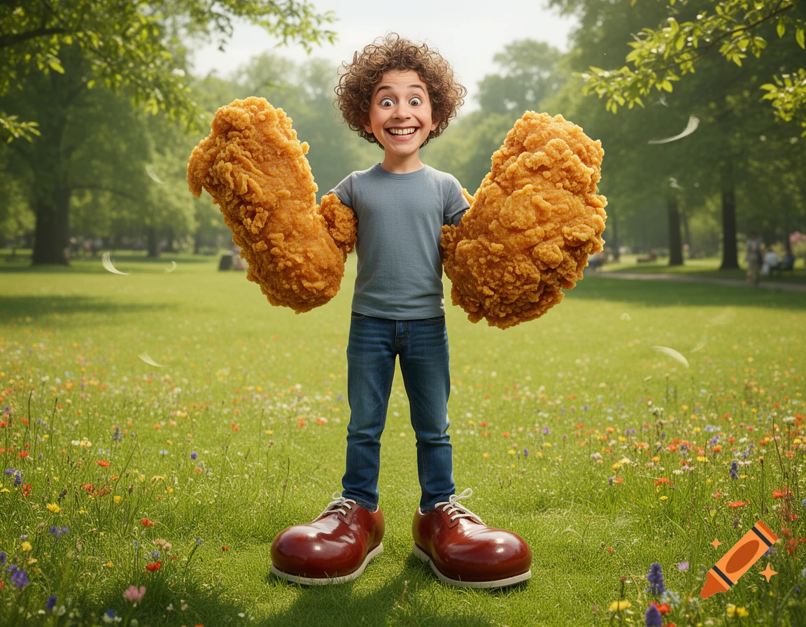 A goofy-looking child with large fried chicken for arms and oversized red shoes smiles widely in a sunny park with wildflowers.