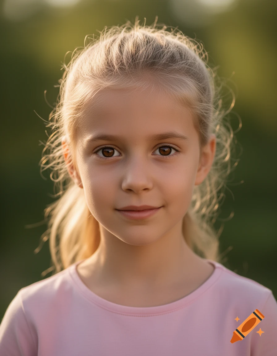 Close-up photorealistic portrait of a young blonde girl with brown eyes and a ponytail, wearing a pink shirt, against a soft green background.