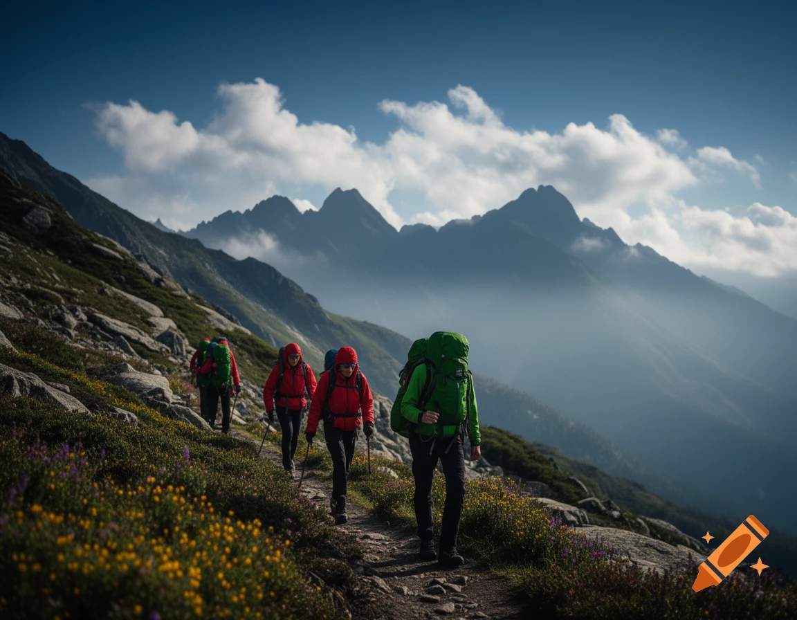 Hikers with colorful backpacks walk a rocky mountain trail amidst wildflowers, under a blue sky with distant misty peaks.