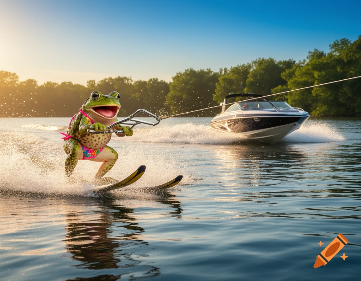 A photorealistic green frog in a pink floral bikini waterskiing on a sunny lake, pulled by a speedboat.
