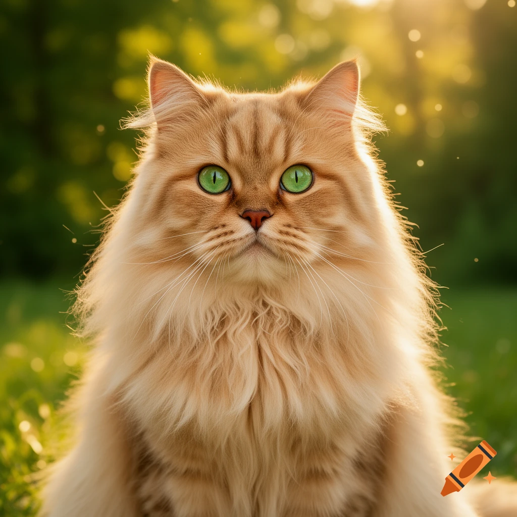 A fluffy golden British Longhair cat with vibrant green eyes sits in sun-dappled green grass.