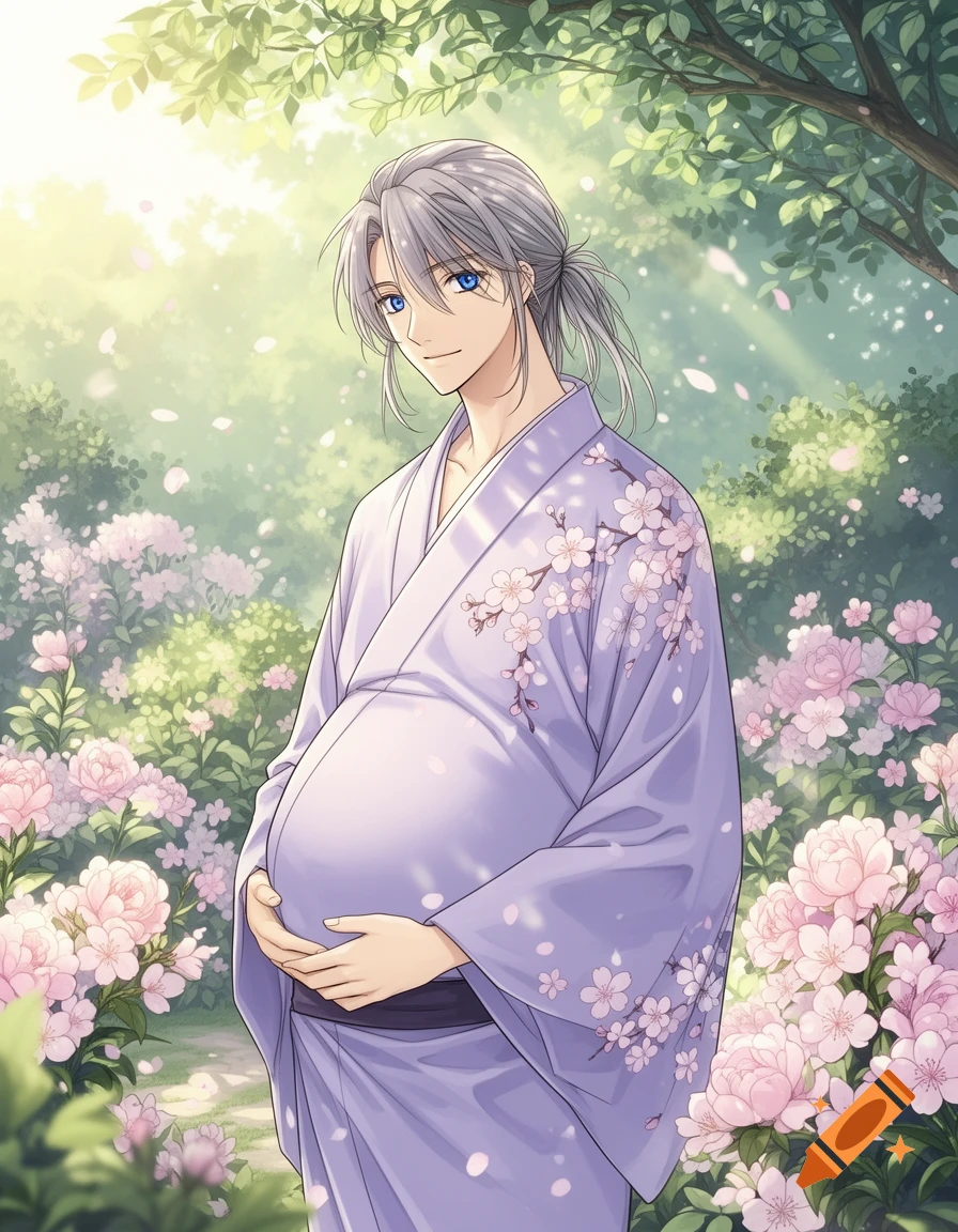 A pregnant man with silver hair and blue eyes, wearing a purple kimono, stands in a lush garden with pink flowers in anime style.