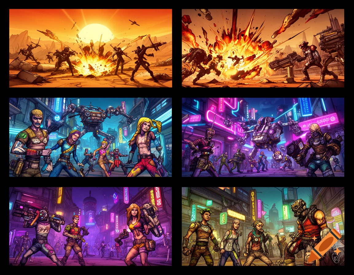 A grid of six Borderlands-style images depicting characters and battle scenes. Top row features desert battles with explosions, while bottom rows show characters in neon-lit cyberpunk cities, some with large robots.