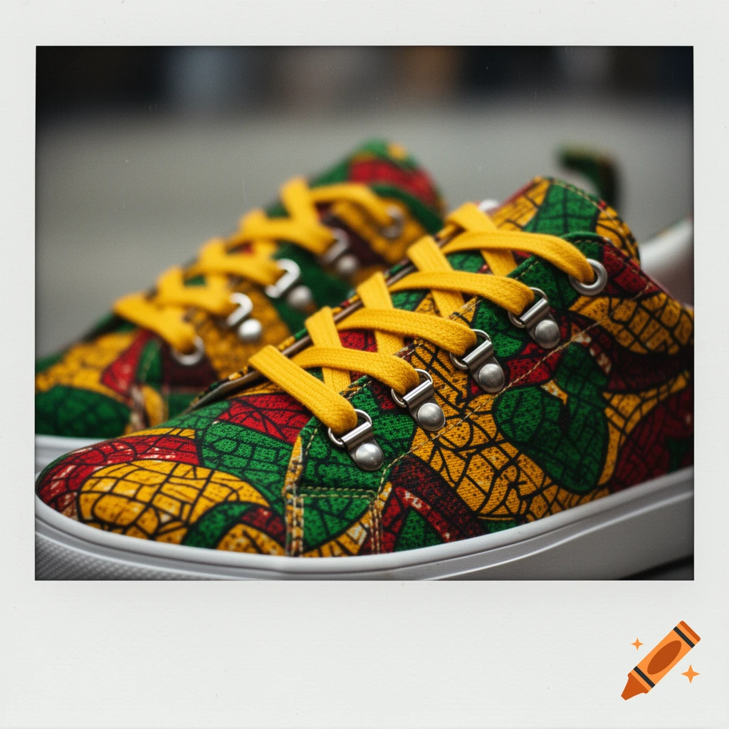 Vibrant sneakers with green, red, and yellow African wax print pattern and yellow laces, framed like a polaroid photo.