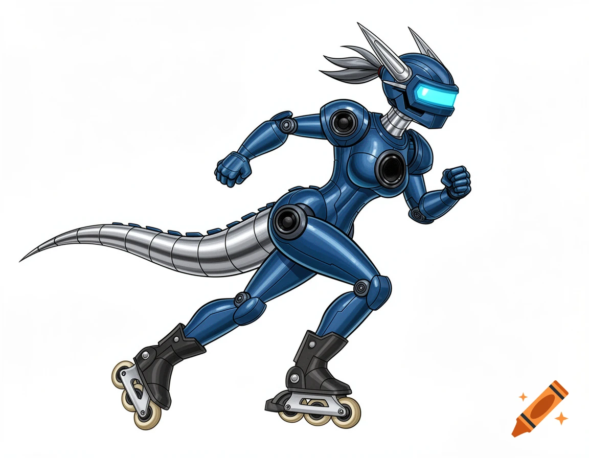 A blue anthro dragon fembot in 90s cartoon style, wearing inline skates, leans forward in a dynamic high-speed pose.