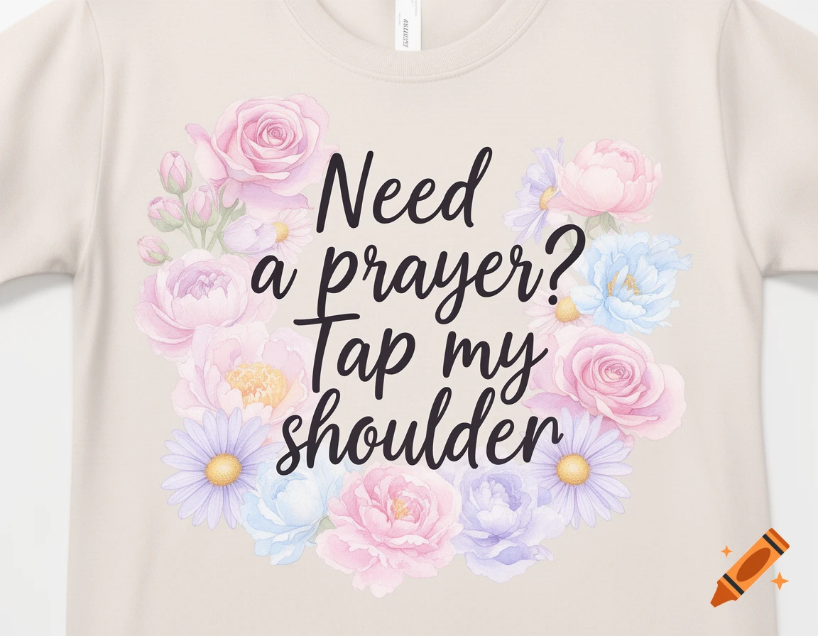 A light beige t-shirt featuring a watercolor-style floral wreath surrounding the script text 'Need a prayer? Tap my shoulder'.