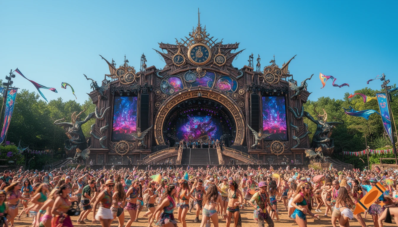 Large crowd dances at an outdoor music festival with an elaborate, fantasy-themed stage under a clear blue sky, photorealistic.