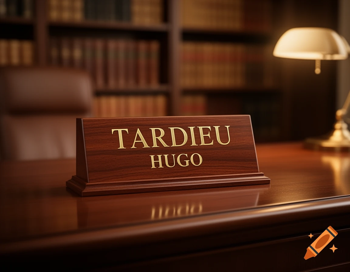 A photorealistic image of a wooden nameplate reading 'TARDIEU HUGO' on a glossy desk in an office with a blurred bookshelf and lamp in the background.